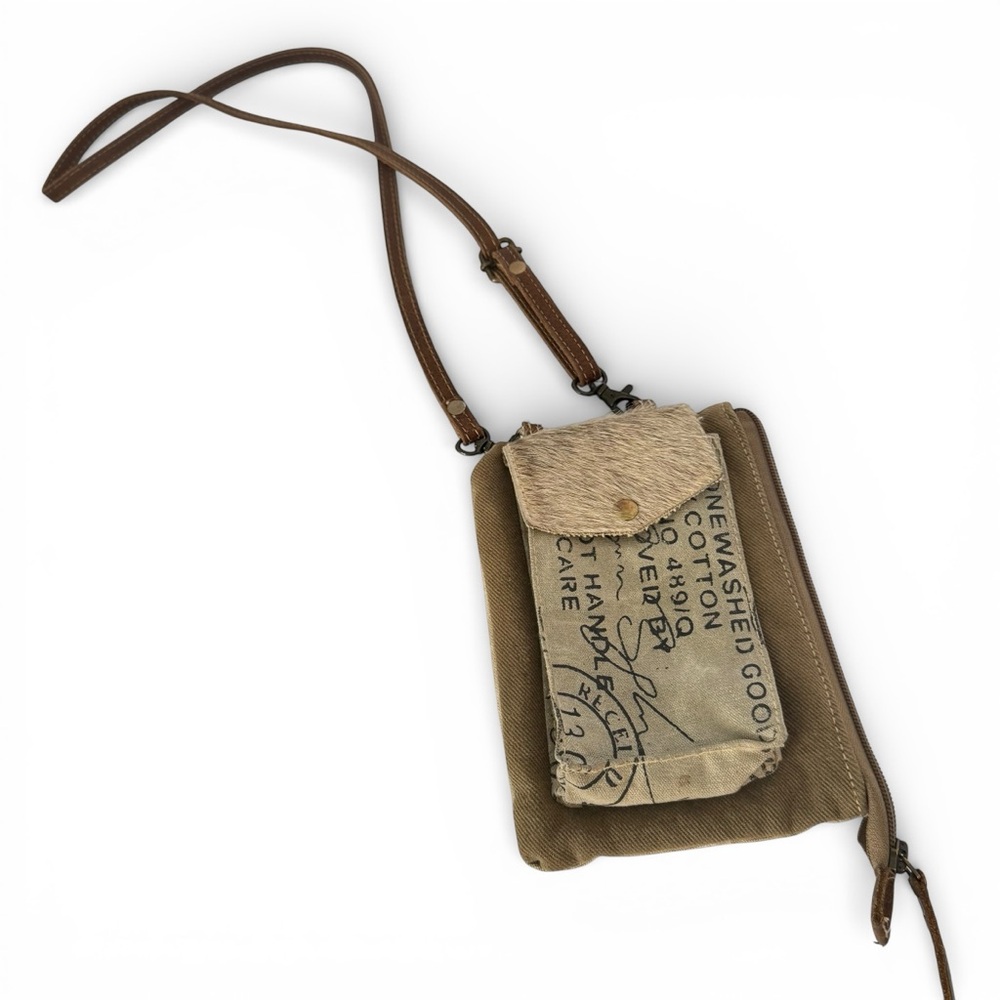 Myra Crossbody Bag Stamp Pocket Upcycled Canvas Country Cowhide Small Purse - Picture 2 of 15